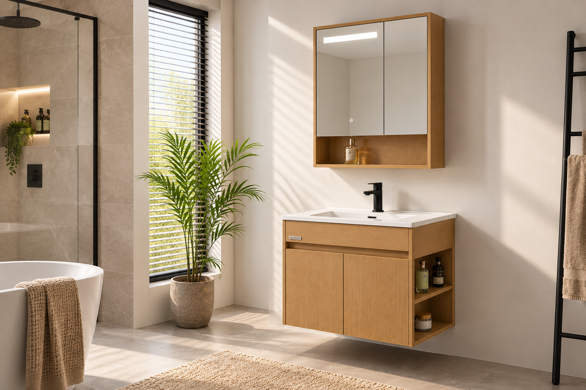 INCHAUD 800mm Scandinavian Oak Vanity Set with Illuminated Mirror Cabinet