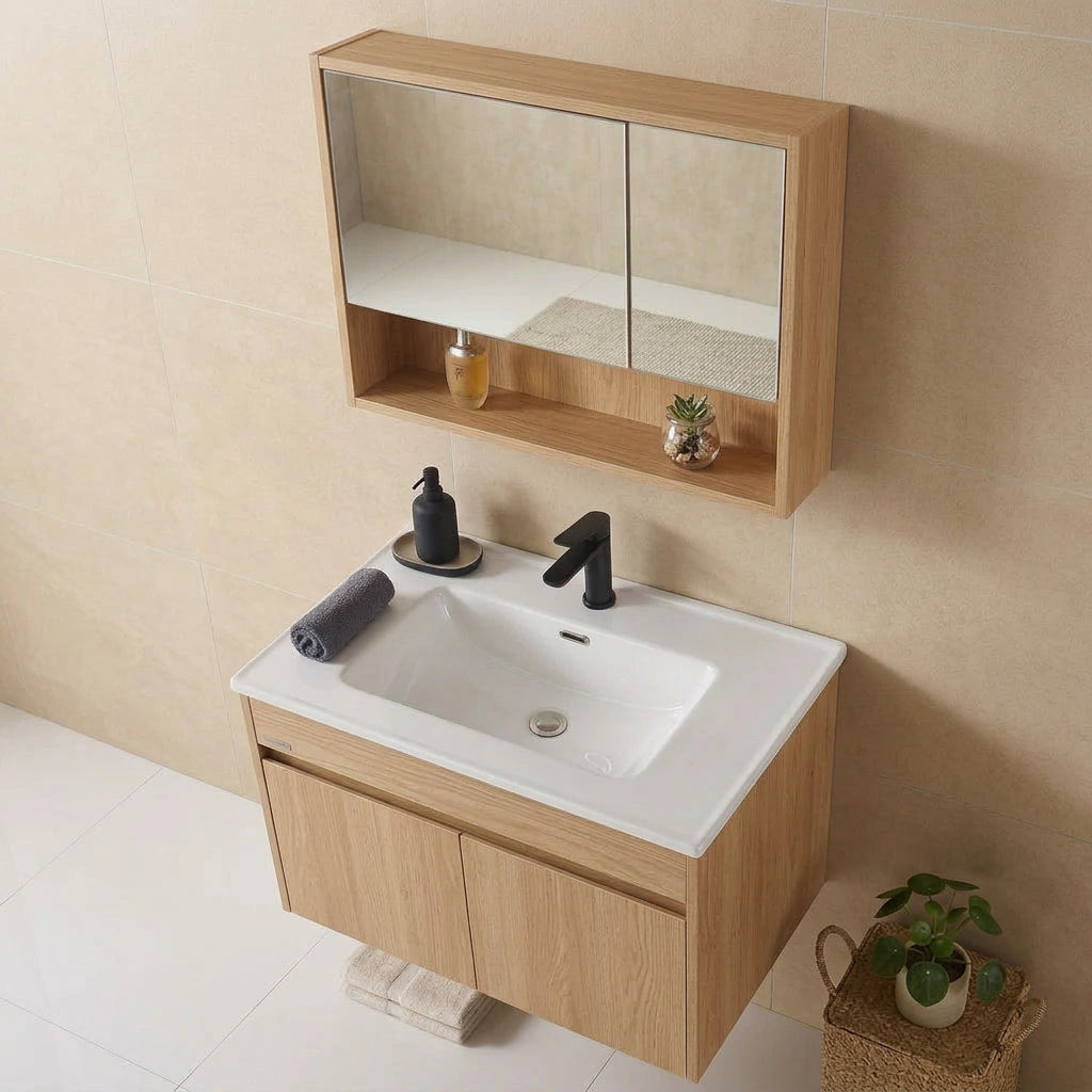 INCHAUD 800mm Scandinavian Oak Vanity Set with Illuminated Mirror Cabinet