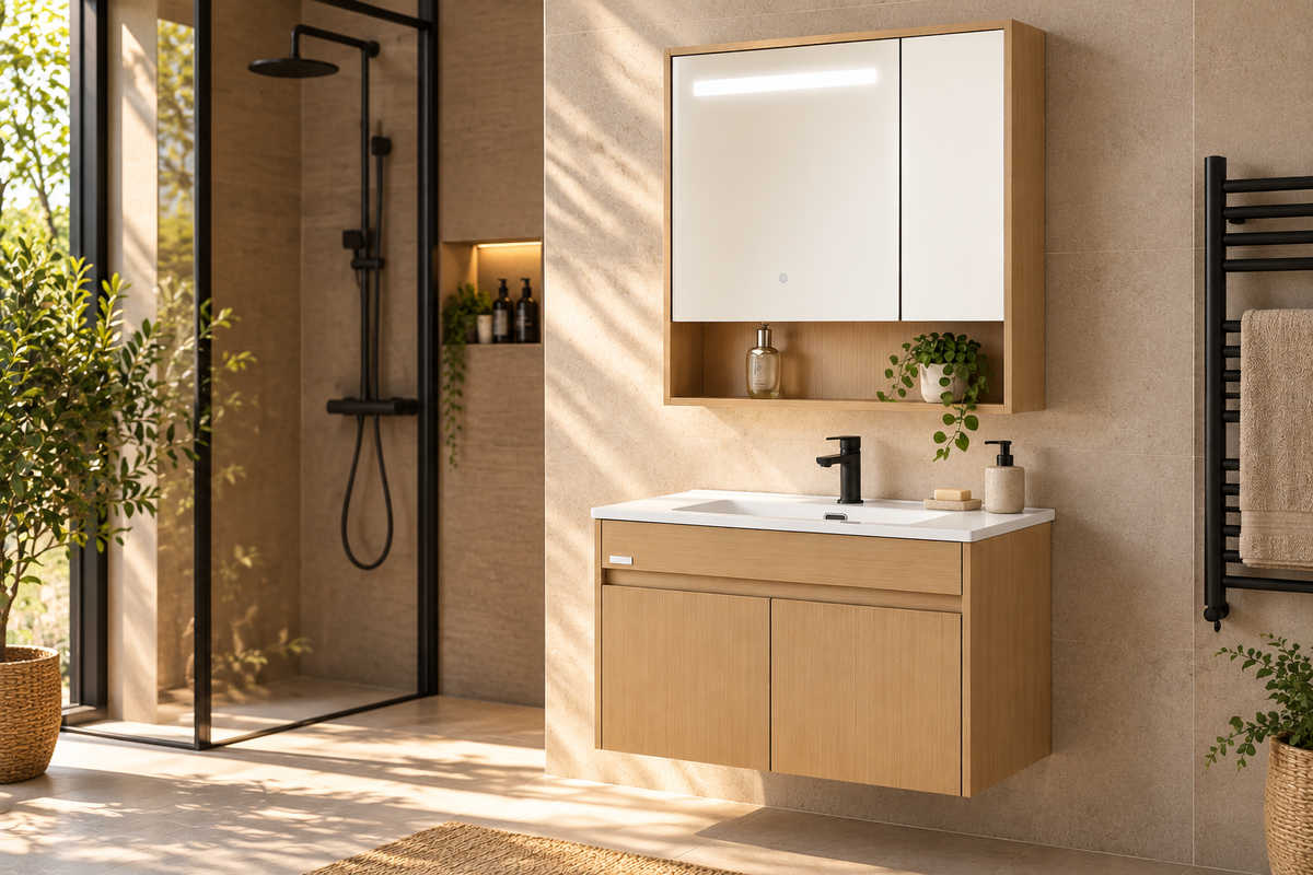 INCHAUD 800mm Scandinavian Oak Vanity Set with Illuminated Mirror Cabinet