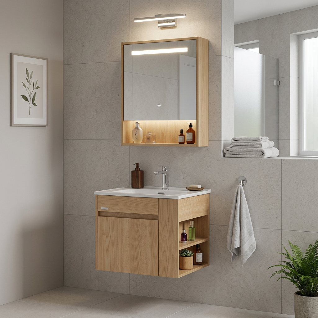 INCHAUD 600mm Scandinavian Oak Vanity Set with Illuminated Mirror Cabinet